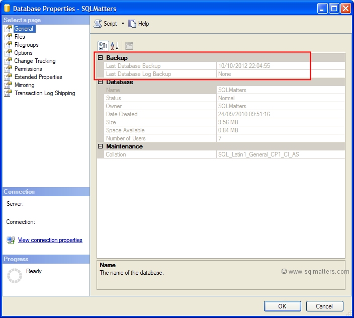 Database Properties Window